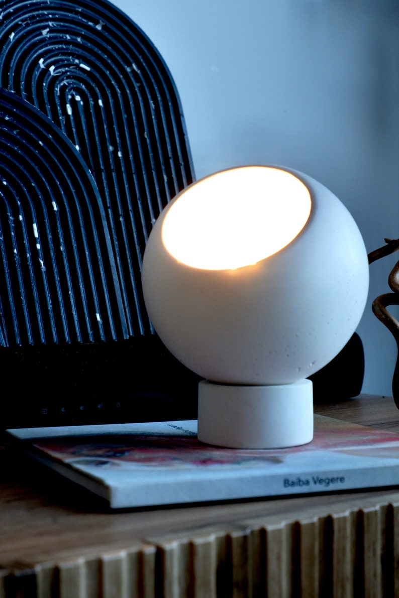 Round white night light bedside lamp with plaster stand, white modern table lamp, unique product to your home lighting image 5