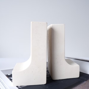 White heavy bookends for your shelf decor, modern minimalist industrial design bookends set, best gift for all book lovers image 2