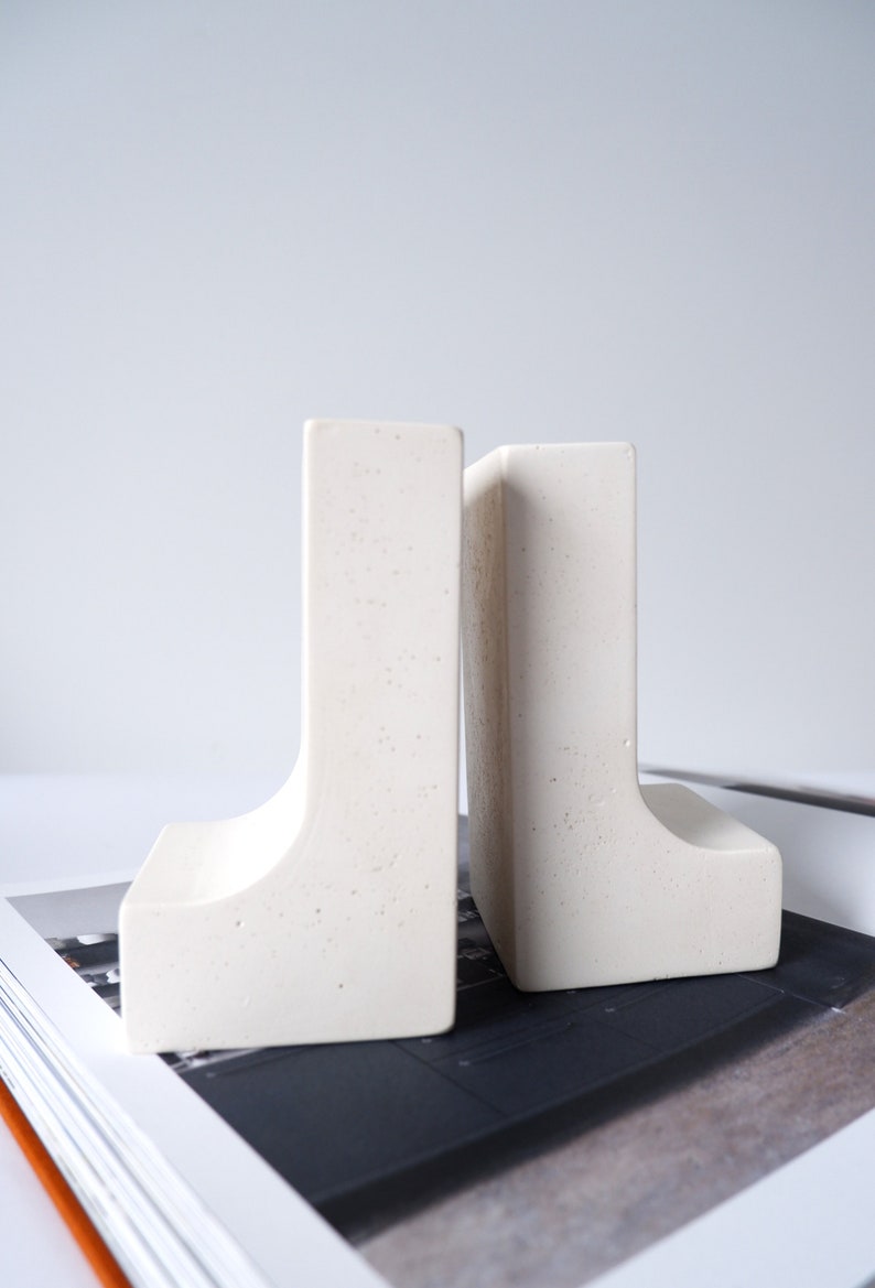 White heavy bookends for your shelf decor, modern minimalist industrial design bookends set, best gift for all book lovers image 2