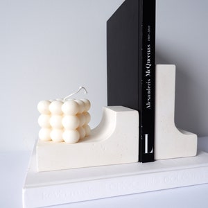 White heavy bookends for your shelf decor, modern minimalist industrial design bookends set, best gift for all book lovers image 8