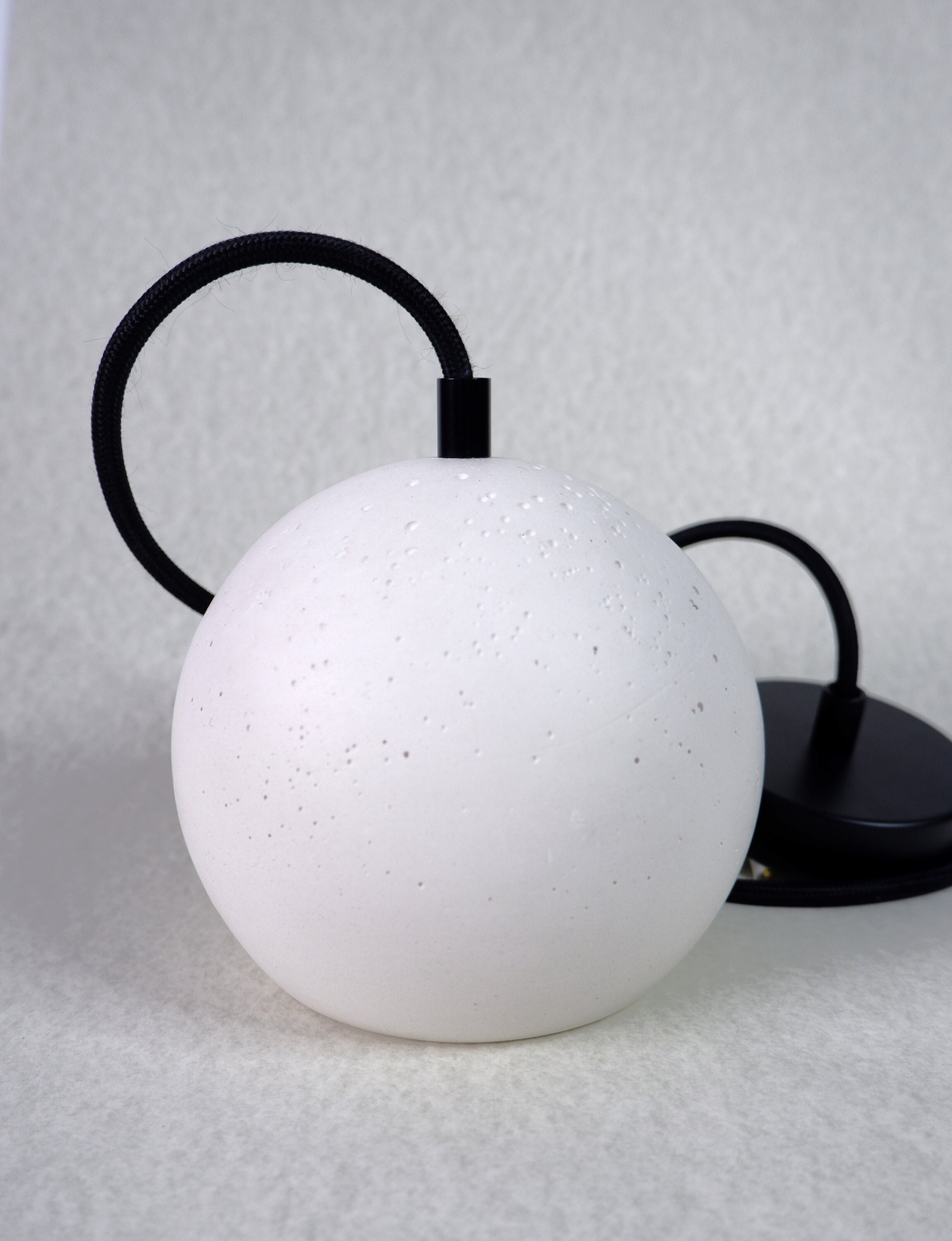 Handcrafted Industrial Pendant Lamp with Black Cable, White Plaster Shade.