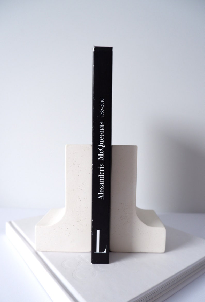 White heavy bookends for your shelf decor, modern minimalist industrial design bookends set, best gift for all book lovers image 4