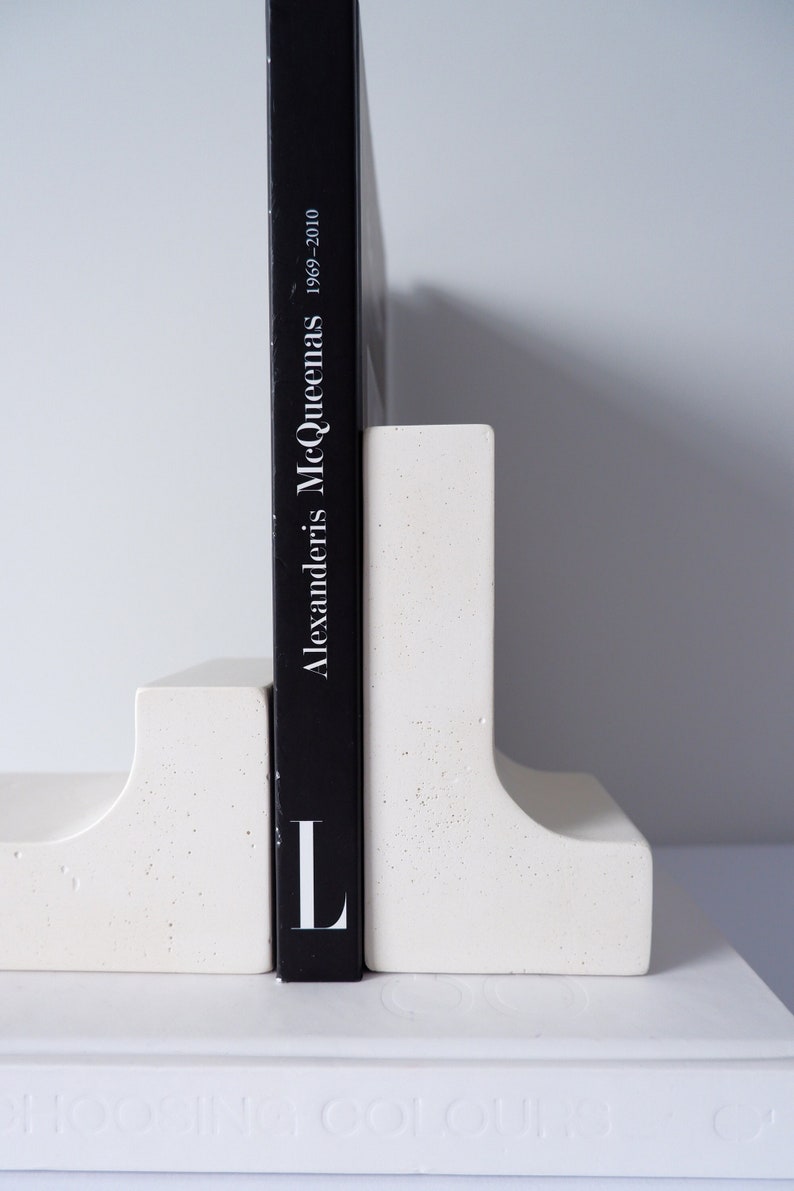 White heavy bookends for your shelf decor, modern minimalist industrial design bookends set, best gift for all book lovers image 1