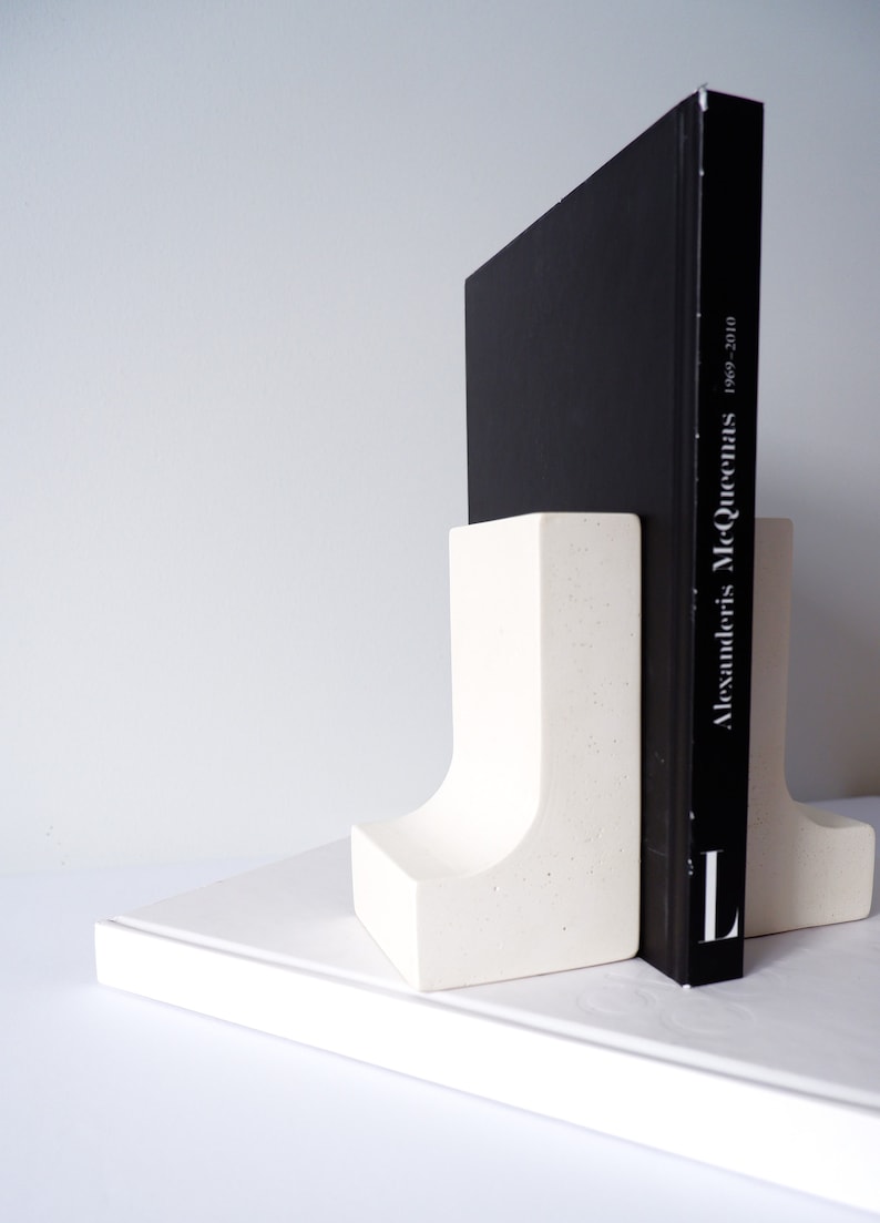 White heavy bookends for your shelf decor, modern minimalist industrial design bookends set, best gift for all book lovers image 6