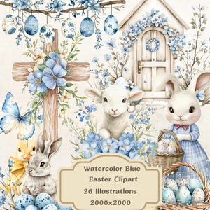 Bleu des cliparts lapins de Pâques, Bunny Girl PNG, Clipart lapins, Clipart Floral de printemps, téléchargement numérique de Pâques, Sublimation PNG