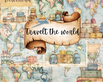 Vintage Travel Scrapbook Paper, Designer Paper, Handmade, Craft