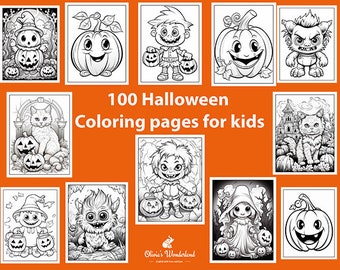 May include: A collection of black and white Halloween-themed coloring pages for kids. The pages feature various spooky characters, pumpkins, and a haunted house. The text "100 Halloween Coloring pages for kids" is displayed.