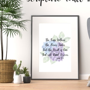 Spring Décor for Home, Blue and Purple Hydrangea Print, Isaiah 40:8, Scripture Wall Art, Biblical Wall Art