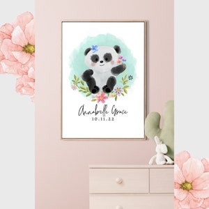 Floral Panda, Watercolor Custom Name Poster, Printable Art for Nursery or Kids Room