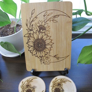 Sunflower Moon laser engraved Coasters and cutting board set