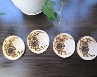 Sonnenblume Mond lasergravierte Untersetzer 4er Set