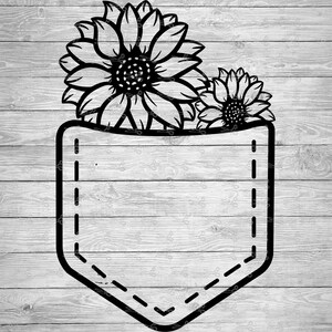 May include: Black and white illustration of two sunflowers peeking out of a stitched pocket.