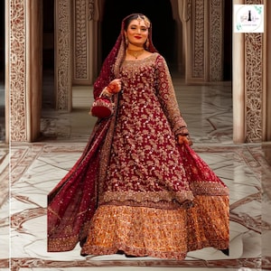 Pakistani Maroon Bridal Lehenga Customise size and color