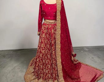 Pakistani Maroon Bridal Lehenga Customise size and color