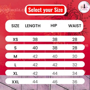 May include: A clothing size chart displaying measurements. Sizes range from XS to XXL, with length, hip, and waist measurements in inches. The text "Select your Size" is at the top of the chart.