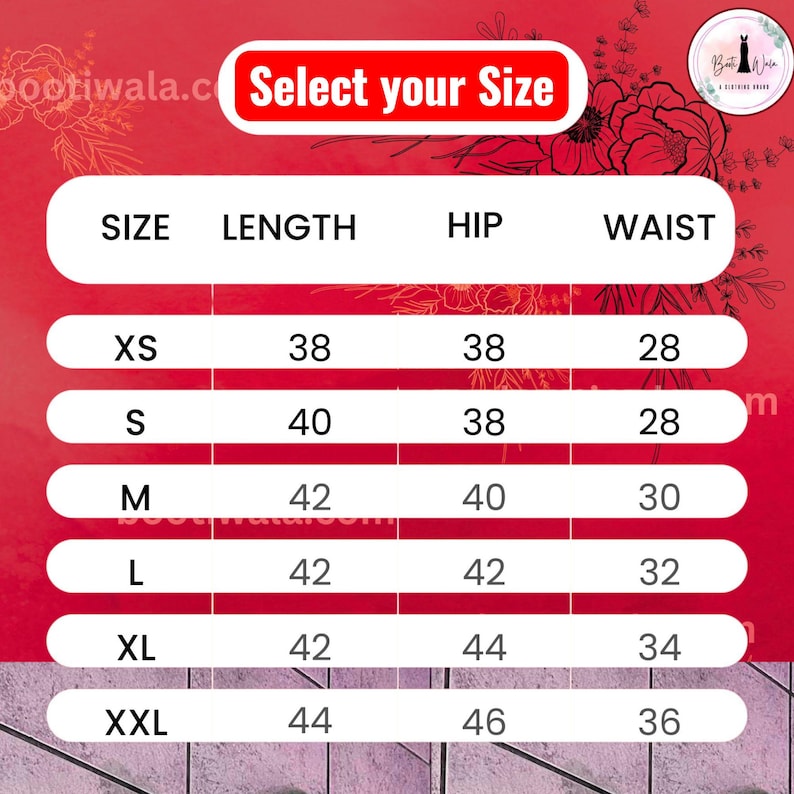 May include: A clothing size chart displaying measurements. Sizes range from XS to XXL, with length, hip, and waist measurements in inches. The text "Select your Size" is at the top of the chart.