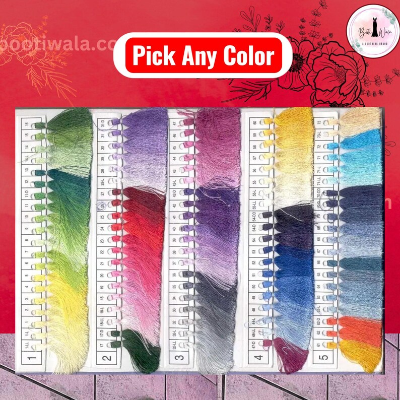 May include: A colour chart displaying thread samples in a range of colours, such as green, red, purple, yellow, and blue. The text "Pick Any Color" is on a red background. The chart is numbered 1 to 5.