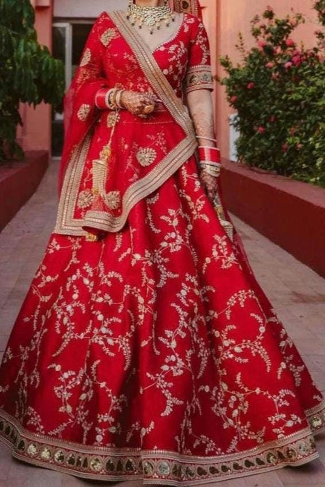 Cherry Red Bridal Silk Sabyasachi Inspired Lehenga Choli main image 1