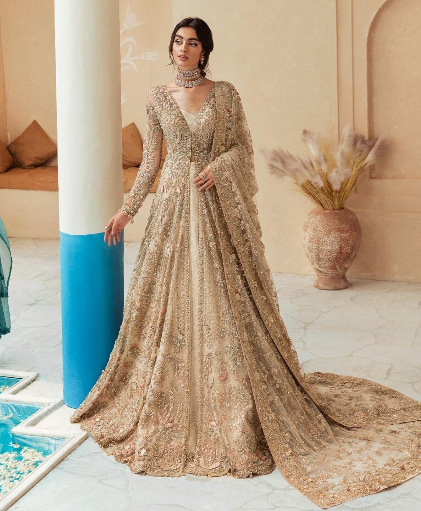 Copper Heavy Designer Work Wedding Anarkali Gown - Indian Heavy Anarkali  Lehenga Gowns Sharara Sarees Pakistani Dresses in USA/UK/Canada/UAE -  IndiaBoulevard