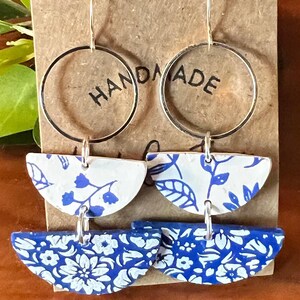 Blue Floral Dangle Earrings: Polymer Clay, Hypoallergenic