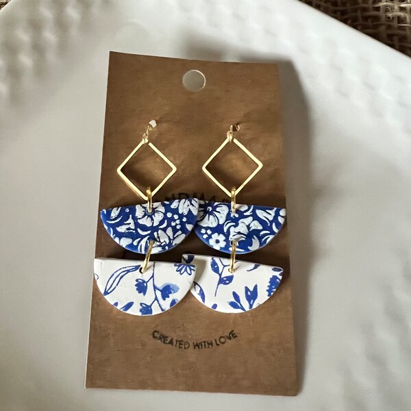 Blue & White floral pattern/modern dangle clay earrings/The Emily