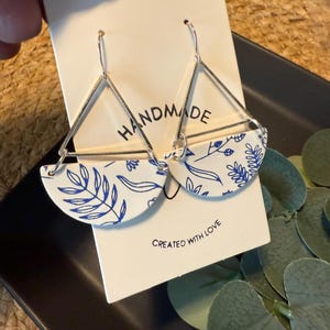 Blue White Floral Polymer Clay Earrings Vintage Silver Accent Romantic Handmade Lightweight Jewelry Gift for her Bridal Bridesmaid The Katie