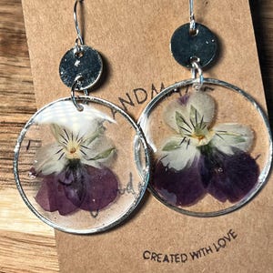 Pansy Flower Earrings: Lightweight Purple Resin Jewelry, Silver Wire