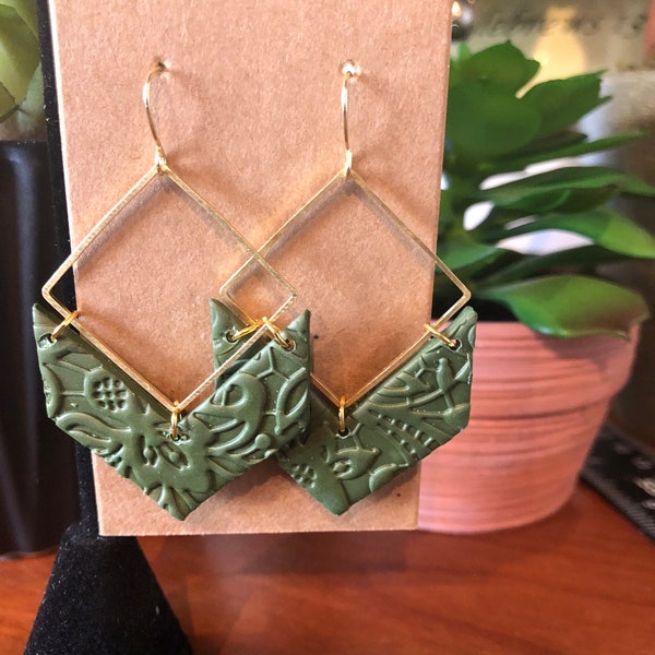 Olive Green clay earrings/Lightweight/dangle/gold hardware/The Nikki