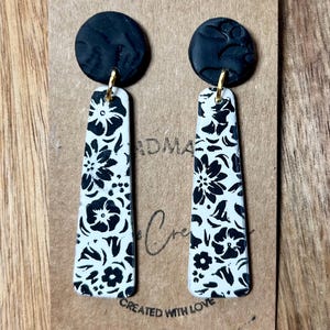 Floral Print Clay Dangle Earrings: Black and White Boho career Jewelry The Lolita