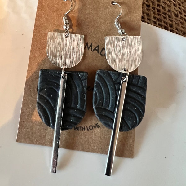 Ebony black textured Long dangle earrings/polymer clay/silver hardware /modern/boho/metal/The Maggie