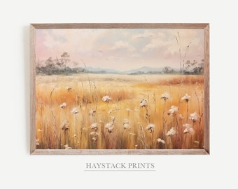 Summer Field Landscape Painting, Rustic Country Print, Vintage Printable Farmhouse Wall Art, Neutral Landscape