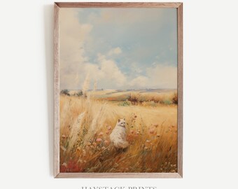Printable Cat in Wildflower Field Landscape Vintage Painting, Country Farmhouse Print, Rustic Neutral Wall Art Digital Download