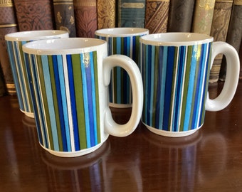 Holt-Howard Coffee Mugs / Set of Four / Blue and Green Stripes / 1965