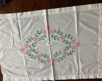 Vintage Embroidered Table Topper / Handmade / Pink and Green