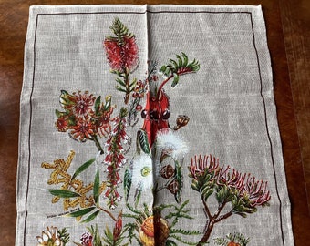 Vintage Wildflowers of Australia Printed Tea Towel / Unused with Original Paper Tag / Linen Made in Poland