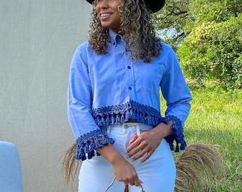 Heavy Cotton Fringe Blouse in Blue