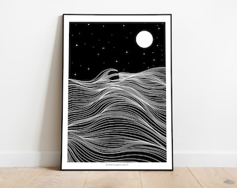 アイルランド海ジクレー版画｜ミニマルな線画、星空