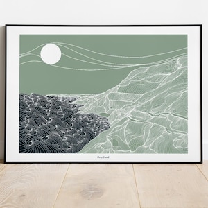Impresión A4/A3 en el condado de Bray, Wicklow, Irlanda / Obra de arte irlandesa / Impresión irlandesa / Montañas irlandesas / Impresión lineal / Caminatas irlandesas / Arte irlandés / Costa irlandesa
