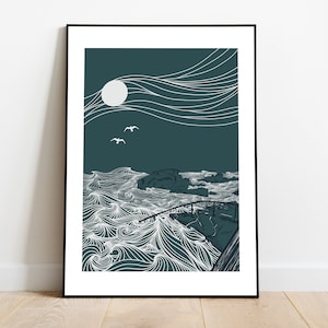 A4/A3 Lugar para nadar de cuarenta pies Co.Dublin Irlanda Impresión / Obra de arte irlandesa / Impresión irlandesa / Mar de Irlanda / Obra de arte lineal / Natación en el mar / Arte de olas /