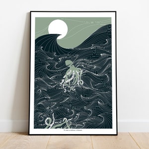 A4/A3 Octopus under the Irish Sea Print near Achill Island Co. Mayo | Irish Artwork | Irish Print | Irish sea | Line Artwork | Wave art |