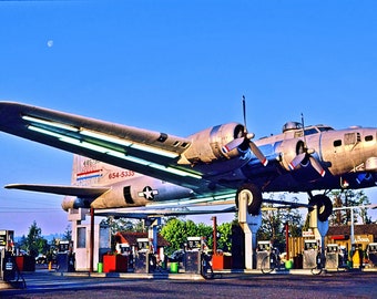 Bomber Gas Station - Roadside America Photograph - Milwaukie Oregon - B17 Airplane