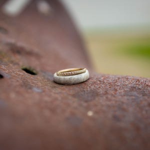 May include: Two wedding bands, one with a white finish and the other with a gold band, are placed on a rusty surface.