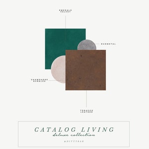 Könnte beinhalten: Eine Farbpalette mit vier Farben: Smaragd-Samt, Gunmetal, Champagner-Blubber und Tabak-Leder. Der Text "CATALOG LIVING deluxe collection @DITTYBAR" befindet sich am unteren Rand des Bildes.