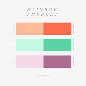 May include: A graphic design featuring a colour palette with six colour swatches. The colours are peach, orange, light green, green, pink, and purple. The text "RAINBOW SHERBET" is at the top of the image. The text "@DITTYBAR" is at the bottom of the image. The colour swatches are labelled with descriptive names like "Tasty Tangerine", "Orange Burn", "Backyard Pool", "Artificial Flavor", "Soft Berry", and "Frozen Berry".