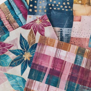 May include: A collection of patterned paper sheets in various designs. The sheets feature floral, plaid, and abstract patterns in shades of blue, pink, purple, and brown. The paper has a textured appearance.