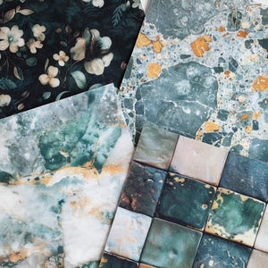 May include: An assortment of decorative paper sheets with various patterns. One sheet features a dark background with white floral designs. Other sheets display marble and tile-like textures in shades of green, gold, and blue. The papers are arranged at different angles.