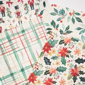 May include: Assortment of Christmas-themed wrapping paper sheets. Designs include nutcrackers, plaid, holly, and poinsettias. The color palette features red, green, and cream, perfect for holiday gift wrapping. The paper has a festive and seasonal aesthetic.