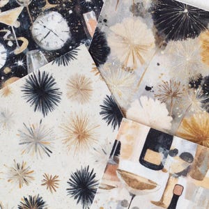 May include: A collection of four patterned papers with a New Year's Eve theme. Designs include clocks, champagne glasses, fireworks, and champagne bottles in black, gold, and white.
