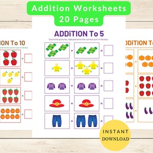 Addition Worksheets 1-20, Digital Download, Numbers Worksheets, Homeschool, Preschool Math, Montessori Nursery, Math Addition Learning