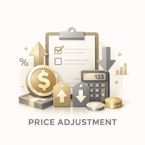 May include: Illustration of financial concepts with a gold dollar coin, a stack of bills, and a calculator displaying "123." A clipboard with checkmarks, arrows, and the text "PRICE ADJUSTMENT" are also present. The image has a clean, modern design.